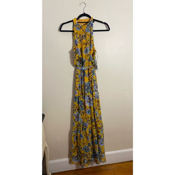 Julia Jordan Women’s Size 4 High Neck Maxi Dress Deep Yellow Floral Sleeveless - Picture 6 of 11